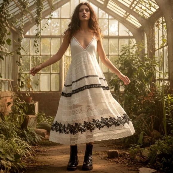 By Anthropology Dresses & Skirts - By Anthropologie Whimsigoth Boho Tiered Maxi Dress Contrast Crochet Lace SZ L